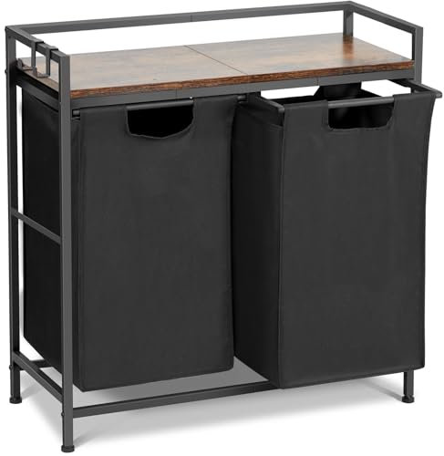 HAUSPROFI Wäschekorb 2 Fächer mit Ablage, Wäschesammler mit 2 Abnehmbaren Oxford-Tuchbeuteln und Metallrahmen, Schmutzwäschebehälter 2 x 46 Liter, 73 x 30 x 74 cm (Schwarz)
