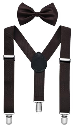 Miobo Unisex hängslen med fluga för barn: Snygg och praktisk, med tre klämmor, BRUN, S