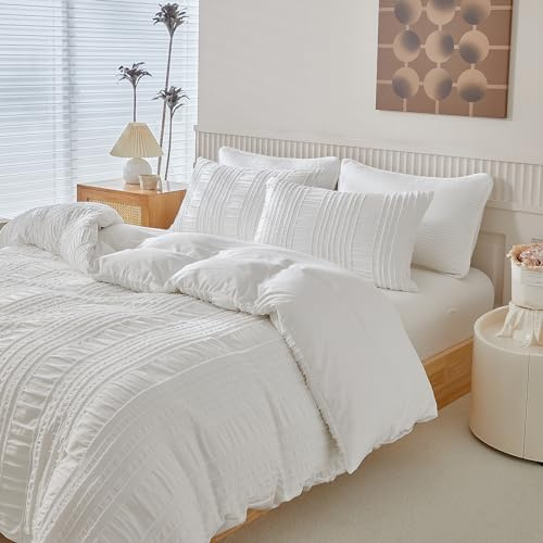YASMENG Juego de ropa de cama de 135 x 200 cm, diseño de rayas, color blanco, estilo bohemio, suave, transpirable, microfibra, funda nórdica de 2 piezas con cremallera y funda de almohada de 80 x 80
