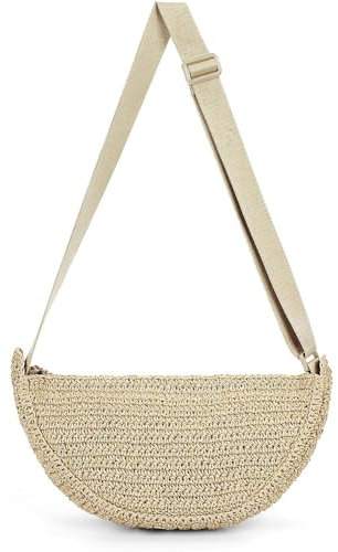 Strohtasche Damen Stroh Umhängetasche, Korbtasche Geflochtene Crossbody Bag Sommer Basttasche Groß Gewebte Strandtasche Straw Bag Schultertasche (Beige)