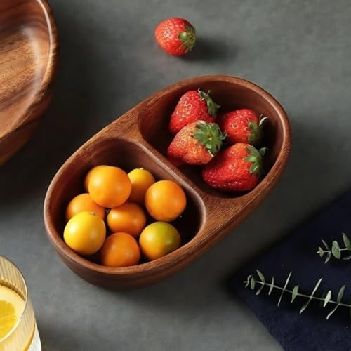 Cuifati Wooden Dried Fruit Box Dry, Walnut Wood Multifunctional Food Serving Container, Candy Bowl, Large Capacity Desktop Snack Storage Tray for Nuts Candy Dry Fruit (Elliptical Divided)