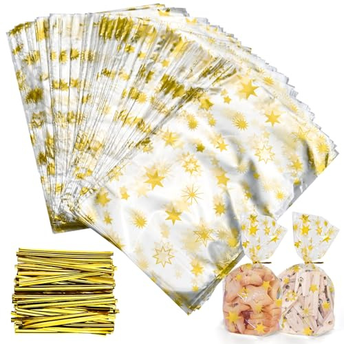 Faburo 120 Stück Plätzchentüten, 23 x 14 cm Kekstüten, Bodenbeutel Weihnachten mit 120 Gold Kabelbindern, Cellophantüten Weihnachten Tüten für Plätzchen Bonbon, Klarsichtbeutel Gebäcktüten
