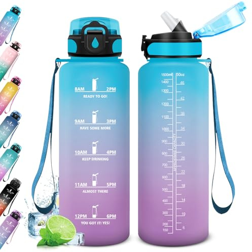 Trinkflasche Sport 1.5L, Trinkflasche mit Strohhalm, Wasserflasche Sport Auslaufsicher mit Zeitmarkierung, Trinkflaschen Kohlensäure Geeignet, Sportflasche für Fitness, Gym, Schule, Outdoor, Yoga