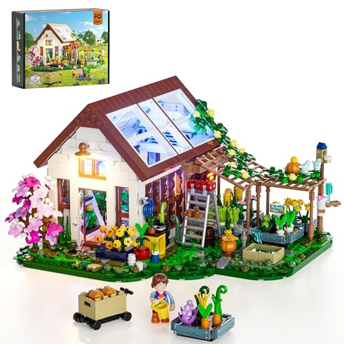 FUNWHOLE Jardin Botanique Serre Éclairage - Set de Blocs de Construction Maison de Fleurs Agricole avec Éclairage LED, 1428 Pièces, pour Adultes et Adolescents Passionnés de Plantes et Fleurs