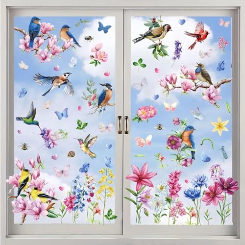 Fensterbilder Frühling Deko Selbstklebend,9 Blatt Frühling Fensteraufkleber Sommer Vogel Blumen Aufkleber Fenster DIY Fensterbilder, Fenstersticker Fensterfolie Wiederverwendbar für Fensterdeko
