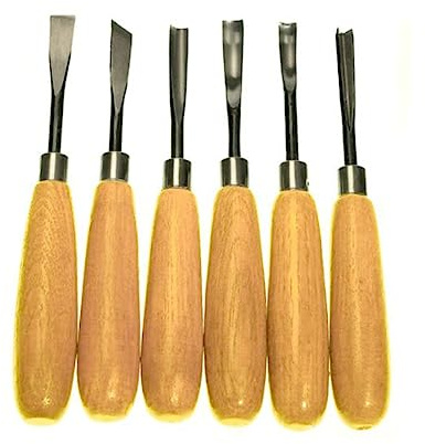 Set di Scalpelli da Intaglio Legno 6 Pezzi per Falegnami | Impugnatura Dritta Marrone, Acciaio e Legno, Kit Lavorazione Legno per Wood Turners