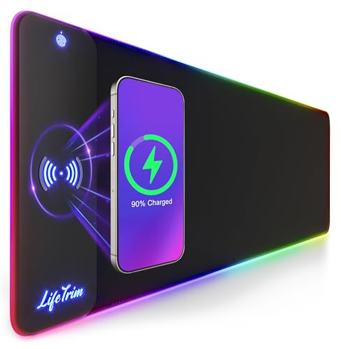 LifeTrim Wireless Charger LED Mousepad 35.5 x 12 Inch RGB Gaming Mouse Pad 10 Light Modes 4mm Thick Large Desk Pad Wireless Charging Cool Mouse Pad for PC Accessories & Gaming Gifts