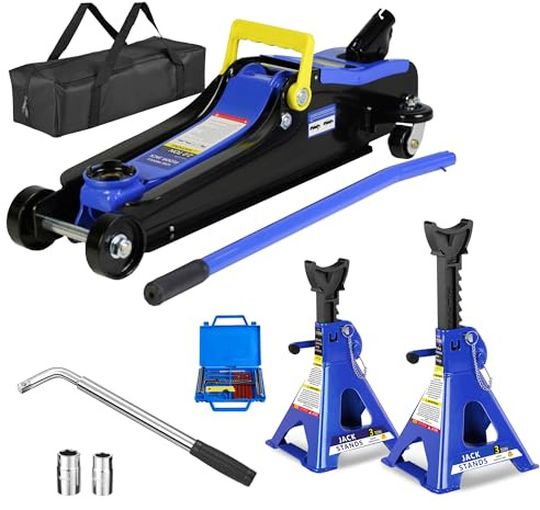 6 Piece Car Jack and Stand Kit, 2 Ton(4400lb) Low Profile Hydraulic Trolley Service Floor Jack Combo with 2 Jack Stands & Tire Repair Kit & L-Wrench for Garages,Lifting Range 3.3 - 15.2,Blue