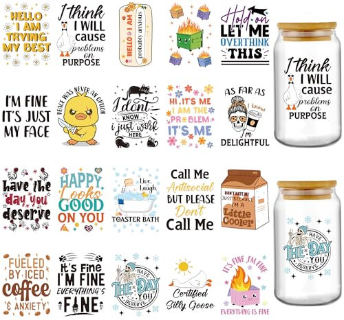 INCOK Rub on Transfers for Crafts - 20 Sheets Satirical Sayings UV DTF Glass Cup Wrap Stickers for 16 oz Water Goblet Funny Duck Transfers Sticker Decals for Mug, Laptop, Mobile Phone Case