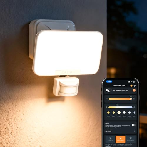 OREiN Smart Außenstrahler mit Bewegungsmelder 28W/3000lm, App steuerbar, Vielseitige Außenlampe 2700/4000/6500K, Gruppensteuerung & Timer, IP65 Intelligente Aussenleuchte für Haustür/Garage, Weiß