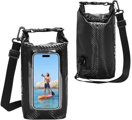 FESSOSKO 2L Schwarzer Wasserdichter Packsack - Verstellbarer Schulterriemen - Ideal für Schwimmen, Kajak und Rafting - Wasserfeste Tasche für Outdoor-Abenteuer