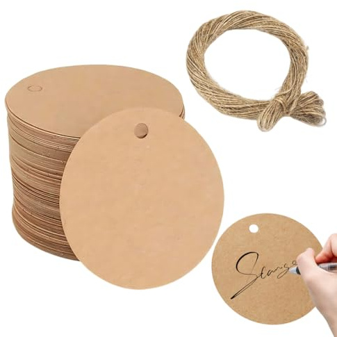 JUGUTA Rund Geschenkanhänger Kraftpapier Etiketten 4 Cm, 100 Stück Hängeetiketten Und Juteschnur, Für Handwerk, Hochzeit, Weihnachten, Geschenkverpackung (Braun)