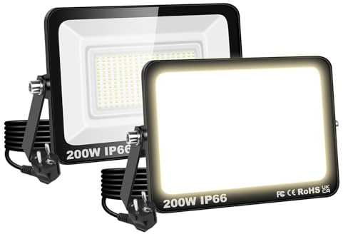 RIGIDON 2x Foco LED Exterior, 200W 20000LM Foco Proyector LED con Enchufe | 3000K Blanco Cálido, IP66 Impermeable, Iluminación de Seguridad, Reflector Floodlight para Jardín Patio Garaje Hof Terraza