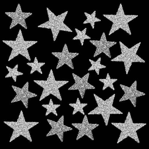 YBEATY 24 Stück Stern Aufnäher in zum 3 Größen Aufbügeln Stern Flicken Verzierungen glitzernde Strass Applikationen DIY Pailletten Vintage Accessoire Dekoration für Kleidung Jeans Taschen (Silber)
