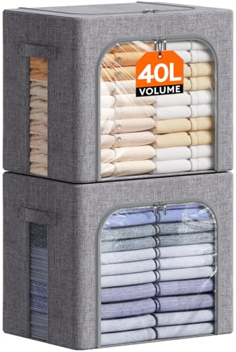 Lifewit Aufbewahrungsbox 40L, Kleidung Aufbewahrung, 2er Set, Hellgrau | Faltbare Kleideraufbewahrung mit Metallrahmen, Stoffbox mit Griffen & Fenster, Aufbewahrung Kleiderschrank mit Deckel