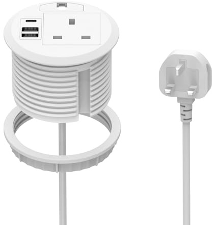 BQO 80mm Desk Grommet Socket,1 UK Plug,1 USB-C PD20W & 2 USB A Port,White
