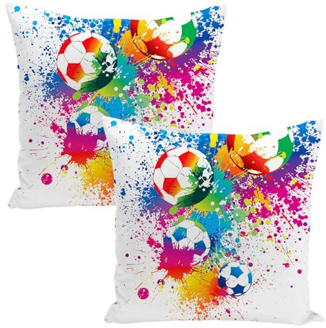 ZenyTra 2er Set Fußball Ölgemälde Kissenbezüge 40x40cm | Doppelseitig Bunt Design Baumwoll-Mix | Für Kinderzimmer, Fan Dekor & Sport Zimmer
