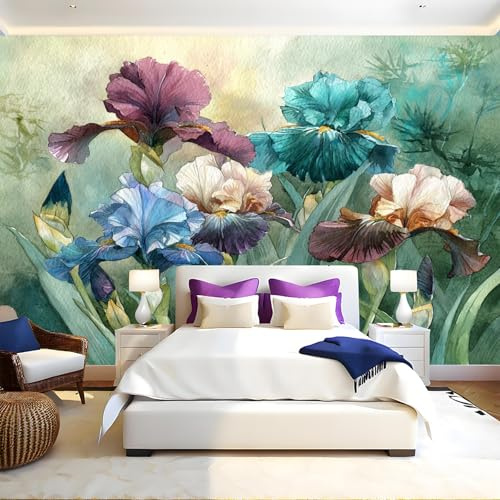 Verde Carta da Parati Iris acquerellati Fotografica 3D Effetto 400x280 cm TNT Murale Decor da Muro Soggiorno Camera da Letto Sala Cucina Camera dei Bambini