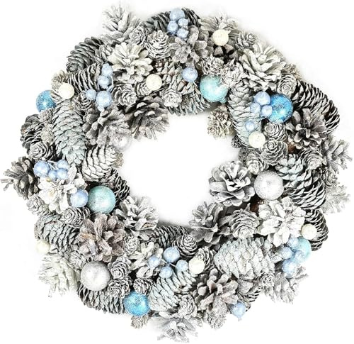 Large Festive Wooden Christmas Door Wreath Shabby Chic Holiday Decoration in Pink, Blue, Red & White Rustic Hanging Xmas Decor (Choose Design) (35cm Ice Blue Pinecone)