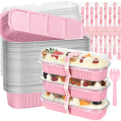 Junfete Mini Loaf Tins with Lids and Spoons 200ml Mini Loaf Cake Cases Cupcake Cases for Baking Aluminum Foil Baking Pans (100)
