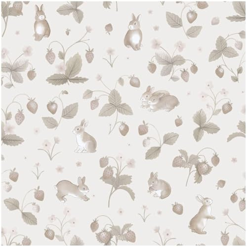 YöL Bunnies Berries Neutral Wallpaper - Washable Paste The Paper - Contemporary Versatile - Kids Bedroom Nursery - Feature Statement Wall - Animal Print Botanical - Playful