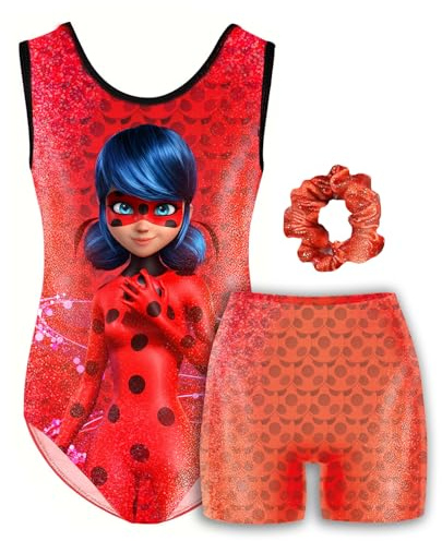 Original Corner Miraculous Offiziell – Ladybug Gymnastikset Mädchen (120 cm) – Glitzernder Turnanzug & Shorts + Scrunchie – 6 bis 7 Jahren – Gymnastik, Tanz, RSG & Zirkus