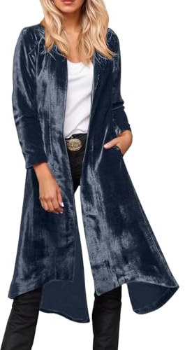 Vhersily Mujer Blazer de terciopelo Chaqueta de Vestido Largo Vestido Formal Partido Smoking Abrigo, Sin Capucha, Suéter Streetwear Cómodo Suave Otoño Invierno Clásico Vintage para Oficina, Azul