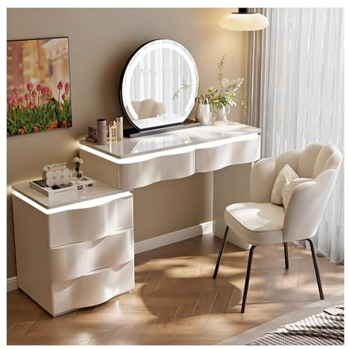 LED-sminkbord med spegel och 4 lådor, vitt sminkbord med stol, 100 cm toalettbord för sovrum, modern design med sidoskåp, elegant sminkstation