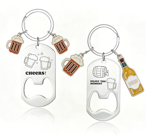 Juego de llaveros de abridor de cerveza de acero inoxidable, 2 unidades, abrebotellas con diseño de cerveza, llavero con abrebotellas como regalo funcional