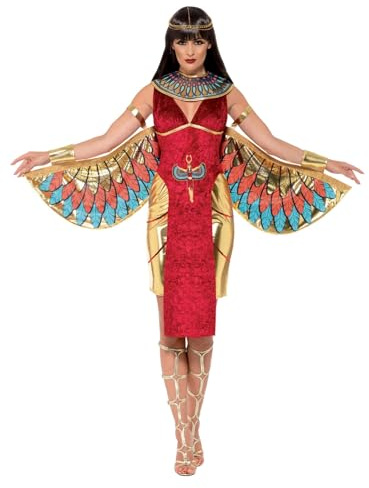 Smiffys Egyptian Goddess Costume, Red with Dress, Wings, Collar & Headpiece, Legends & Myths Fancy Dress, Ancient Egypt Dress Up Costumes