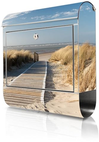 banjado Briefkasten Edelstahl 38x43x12cm & 2 Schlüssel - rostfreier Edelstahl Briefkasten mit Zeitungsfach - Postkasten A4 Einwurf inkl. Montagematerial - Motiv Dünen