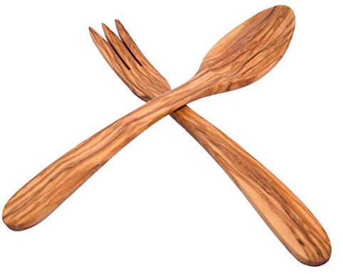 Pelle à salade en bois d'olivier (cuillère + fourchette) en bois italien, fabriquée à la main en Albanie, 30 cm – Mélangeur à salade en bois