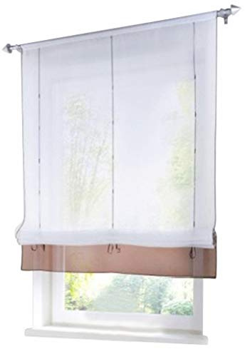 1 Stück Raffrollo mit Tunnelzug Bändchenrollo Voile Transparent Vorhang (BxH 100x155cm, Braun)