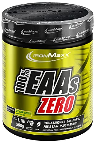 IronMaxx 100% Porciento EAAS ZERO Aminoácidos- polvo- contiene todos los 8 aminoácidos esenciales con alto contenido de BCAA- Amino vegano- sabor: té helado de limón - dosis alta- envase de 500g