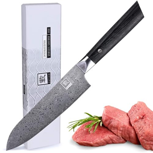 zayiko Black Edition Damastmesser Santoku I 18 cm Klinge aus 67 Lagen VG10 Damaststahl I Ergonomischer Pakkaholzgriff I Premium Küchenmesser für Fleisch, Fisch & Gemüse I Geschenkbox