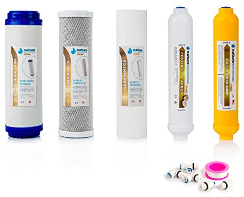 NATURE WATER PROFESSIONALS Confezione da 5 filtri Gold Line per osmosi inversa domestica - Filtri per apparecchiature ad osmosi inversa a 6 stadi - Include connettori, T'' e Teflon