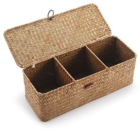 DECRAFTS Seegras Aufbewahrung Korb mit Deckel Natürliches Gewebt Geflochtener Rechteckig Regalkörbe mit Abschnitten zum Organisieren von Snackspielzeug Tampon Aufbewahrung
