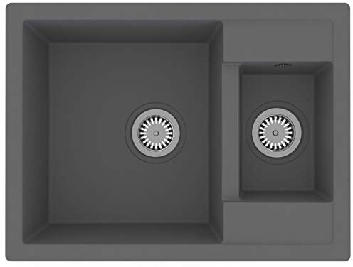 Tidyard Lavandino Cucina Doppia Vasca in Granito Nero/Grigio/Beige/Bianco con Foro Troppopieno,Lavello Cucina 2 Vasche in Granito,Lavello Incasso,Lavello Cucina Incasso,Lavello 2 Vasche 580x440x172mm