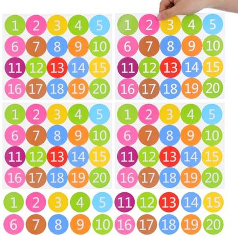 VILLCASE Bunte Runde Zahlenaufkleber Selbstklebend Wasserdicht Zahlen Sticker 1-20 Für Büro Zuhause Diy Bastelprojekte Klassifikation 5 Blatt