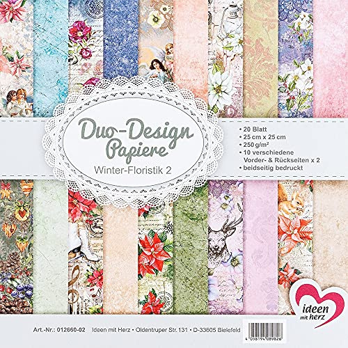 Ideen mit Herz Duo-Design-Papiere | Block mit 20 Blatt Bastelpapier | 25 x 25 cm | 250g/m² | beidseitig bedruckt | Designpapier, Motivpapier | ideal für Scrapbooking, Basteln (Winter Floristik 2)
