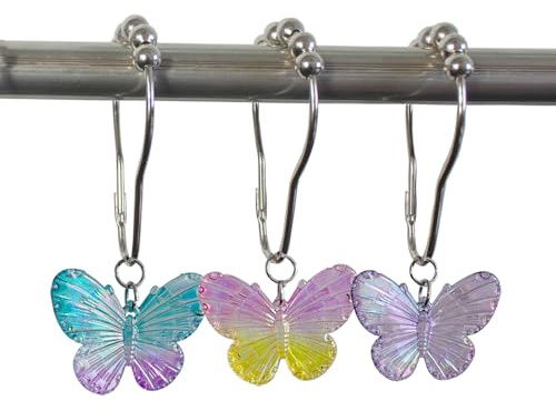 Butterfly Shower Curtain Hooks Rings,12Pcs Colorful Resin Pendants Accessories, Rustproof Rings Insect Garden Nature Theme Home Bathroom Decoration (Purple Pink Blue Pink Yellow)