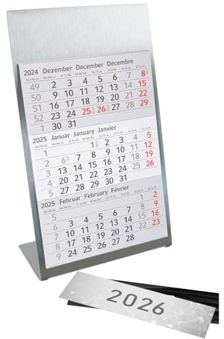 Timr Tischkalender zum Aufstellen aus Edelstahl I für 2 Jahre 2026/2027 I mit 2 Magneten I 3-Monats-Kalender Block Magnet I mehrsprachig I tr094