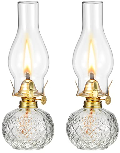 Hortsun 2 Pieces Large Chamber Oil Lamp, Vintage Glass Clear Kerosene Lamp Tabletop Decor Lantern Indoor Decorative Oil Lantern and Winter Emergency Lighting(Cute Style)