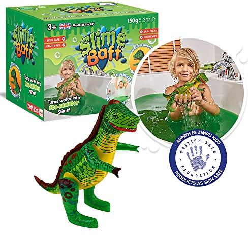 ZIMPLI - Slime Baff Green with Inflatable Dinosaur, 1 Bath or 4 Play Uses, Magically turns water into thick, gooey slime, Dino Toys for Boys age 3+