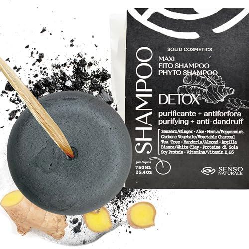 Senso Naturale Shampoo Solido Detox Purificante Antiforfora e Dermatite Seborroica per Capelli Grassi con Carbone Vegetale, Tea Tree, Zenzero, Olio di Cocco, Non Secca le Lunghezze, PH 4.5-5.0