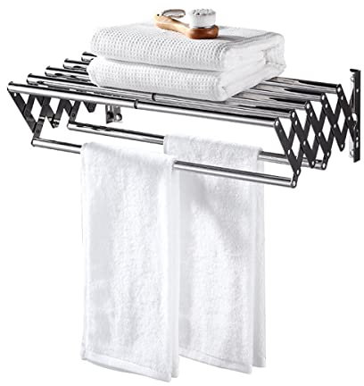 ilbcavne Towel Rail Wall Mounted with Shelf, Brushed Chrome Towel Holder Stainless Steel Towel Rail Bathroom Storage Rack, Adjustable Folding Hand Pull out Shower Shelf Organizer(Size:Double)