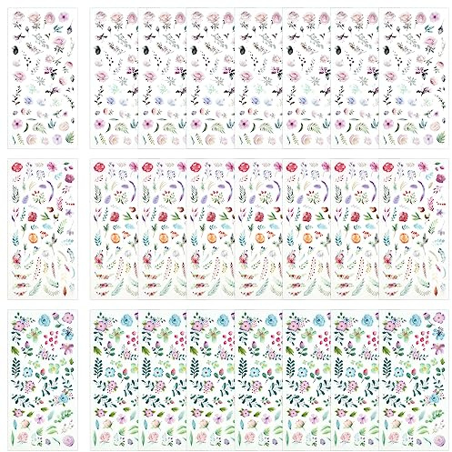 PEALOVCOM 24 Blatt Blumen Sticker Blumen Scrapbooking Aufkleber Vintage Dekorative Blumenaufkleber Selbstklebend Pflanzen Blumen Sticker für DIY Basteln Scrapbook Journals Fotoalbum