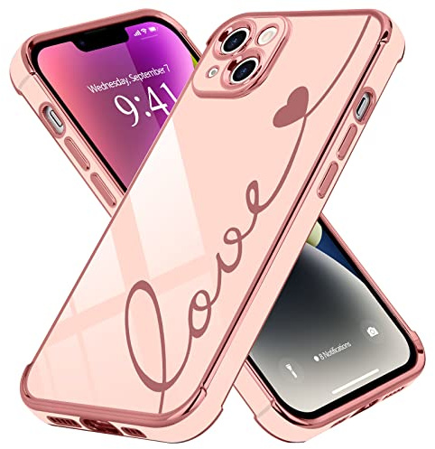 LCHULLE per iPhone 14 Cover Amore Cuore Ragazza Silicone,Rosa | Custodia con Motivo a Cuori, Galvanico Silicone Antiurto Cover per Ragazze e Donne,Protezione Fotocamera,Cute Love Case