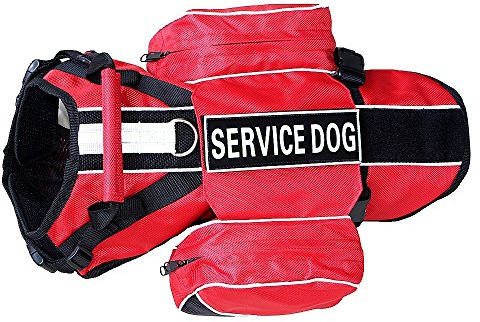 Bbmmayy Service Dog Harness, Saddle Bag Backpack Carrier Outdoor Travel Hiking Camping Harness, Removable Saddle Bags and Patches (Red, M Girth 20-24)