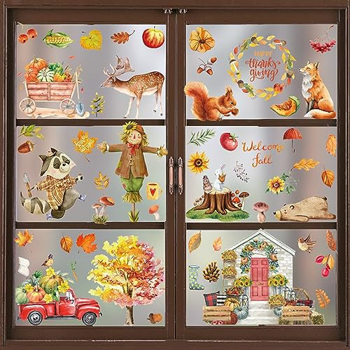 Fensterbilder Herbst, Thanksgiving Aufkleber, Herbstdeko, Kürbis Deko, Selbstklebend Dekor für Kinderzimmer, Cafe, Buchhandlung, Party Zubehör